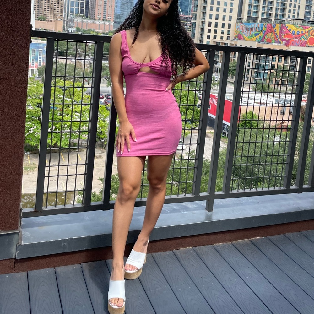 Pink, tight and sexy cut out asymmetrical mini dress